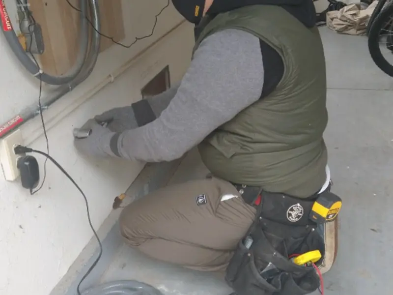 Electrician performing outlet wiring in a Paradise Hills garage